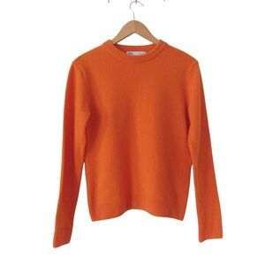 Zara Womens Orange Cashmere Wool Sweater Small Crewneck Classic Colorful